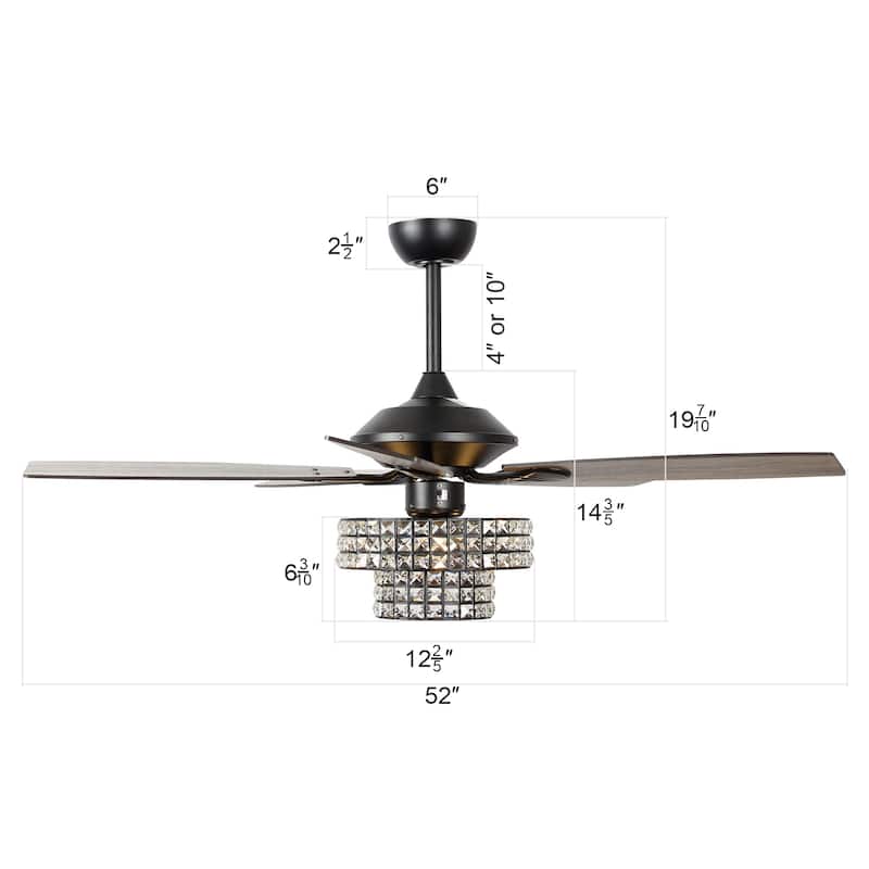 52-inch Matte Black Modern Crystal Downrod Mount Fandelier Ceiling Fan with Light and Remote