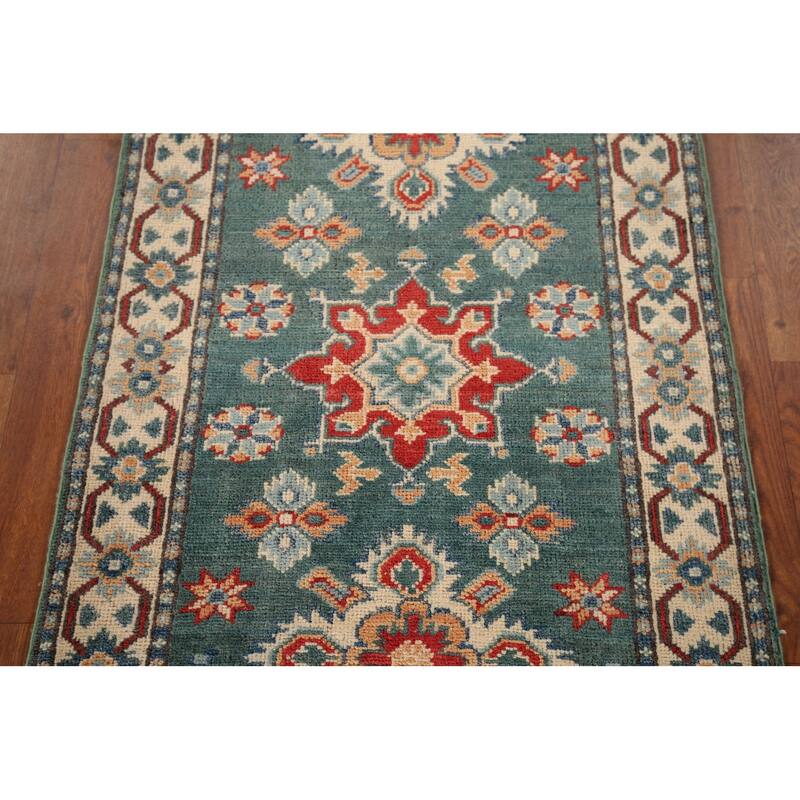 Geometric Green Kazak Oriental Runner Rug Hand-Knotted Wool Carpet - 2'3" x 5'11"