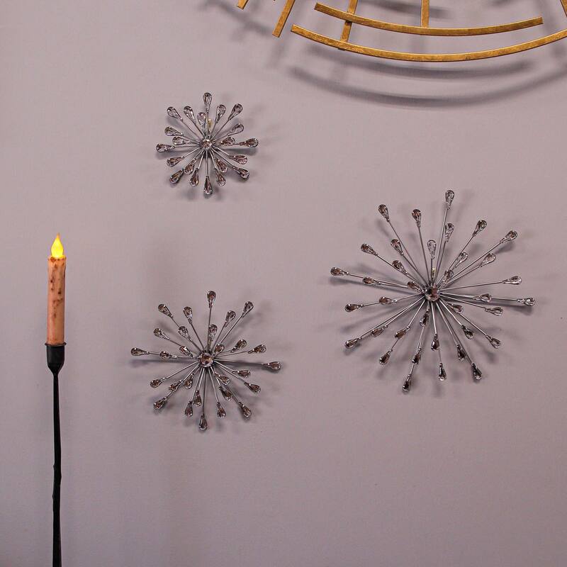 Set Of 6 Metal Silver Starburst Wall Sculptures - 12", 9", 6" Diameter