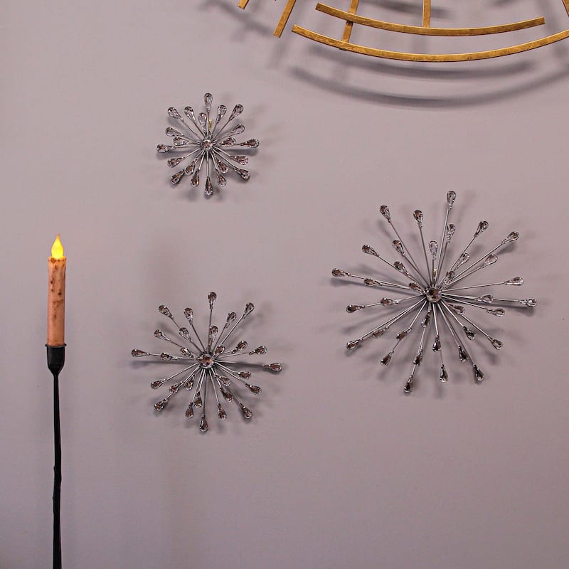 Zeckos Silver Teardrop Jeweled Starburst Metal Wall Hangings (Setof 3)