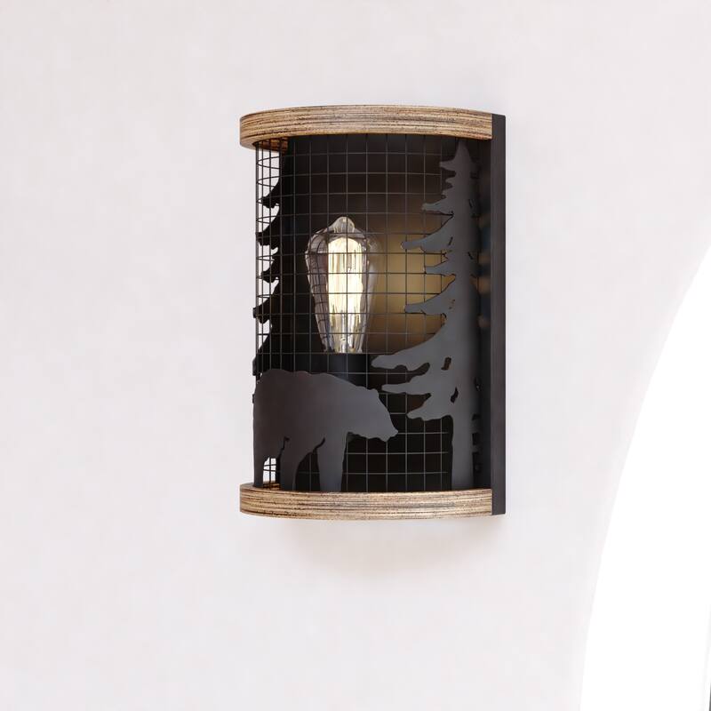 Kodiak 1 Light Black Cage Rustic Wall Sconce Bear and Tree Motif - 8-in W x 12-in H x 5.25-in D - Black and Burnished Teak - 8-in W x 12-in H x 5.25-in D