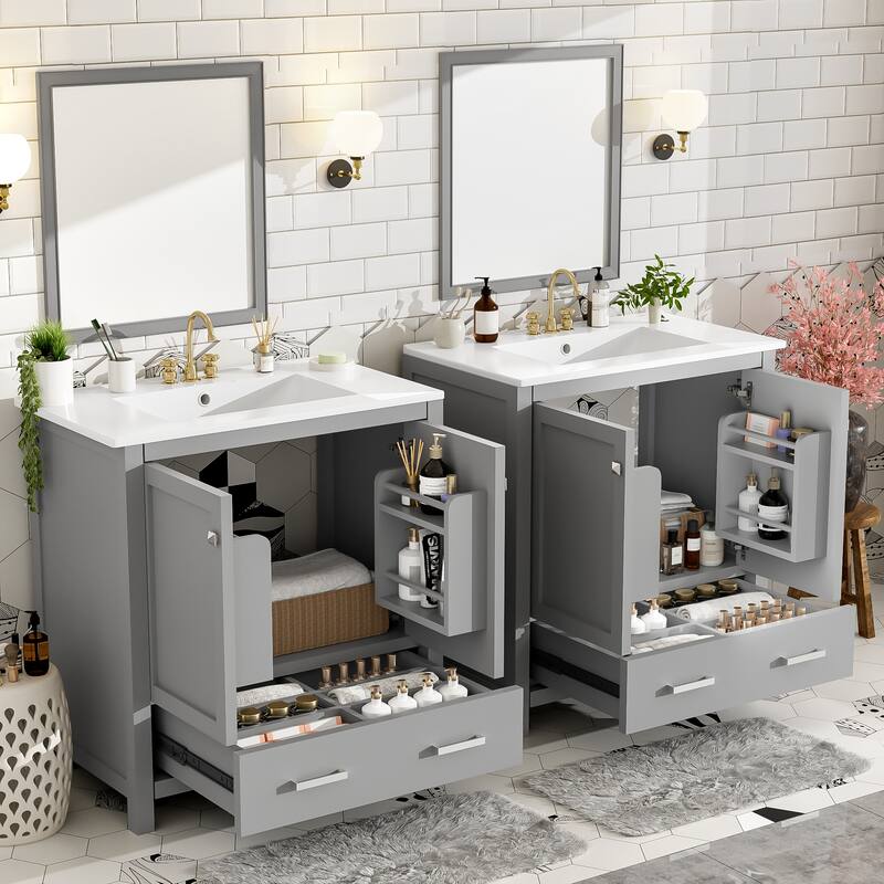 60" Bathroom Vanity Set with Double Vanities (Separate), Double Ceramic Sinks, Storage Shelf, and Divided Drawers