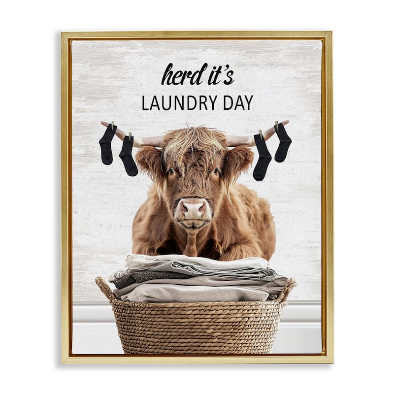 Stupell Laundry Cattle with Hanging Socks Framed Floater Canvas Wall Art Design By Lettered and Lined - 17 x 21 - Gold