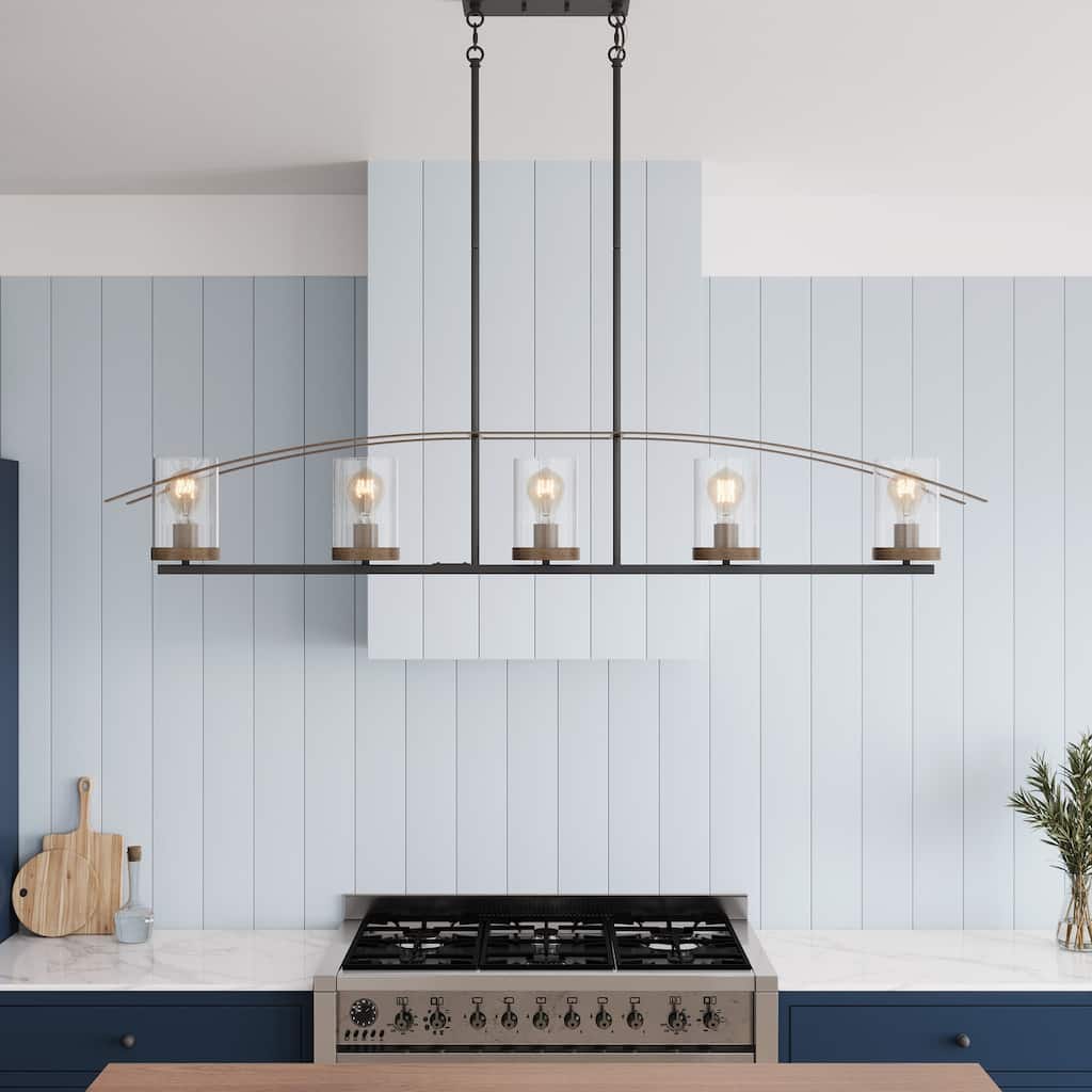 Farmhouse Black 5-Light Glass Kitchen Island Chandelier with Linear Design