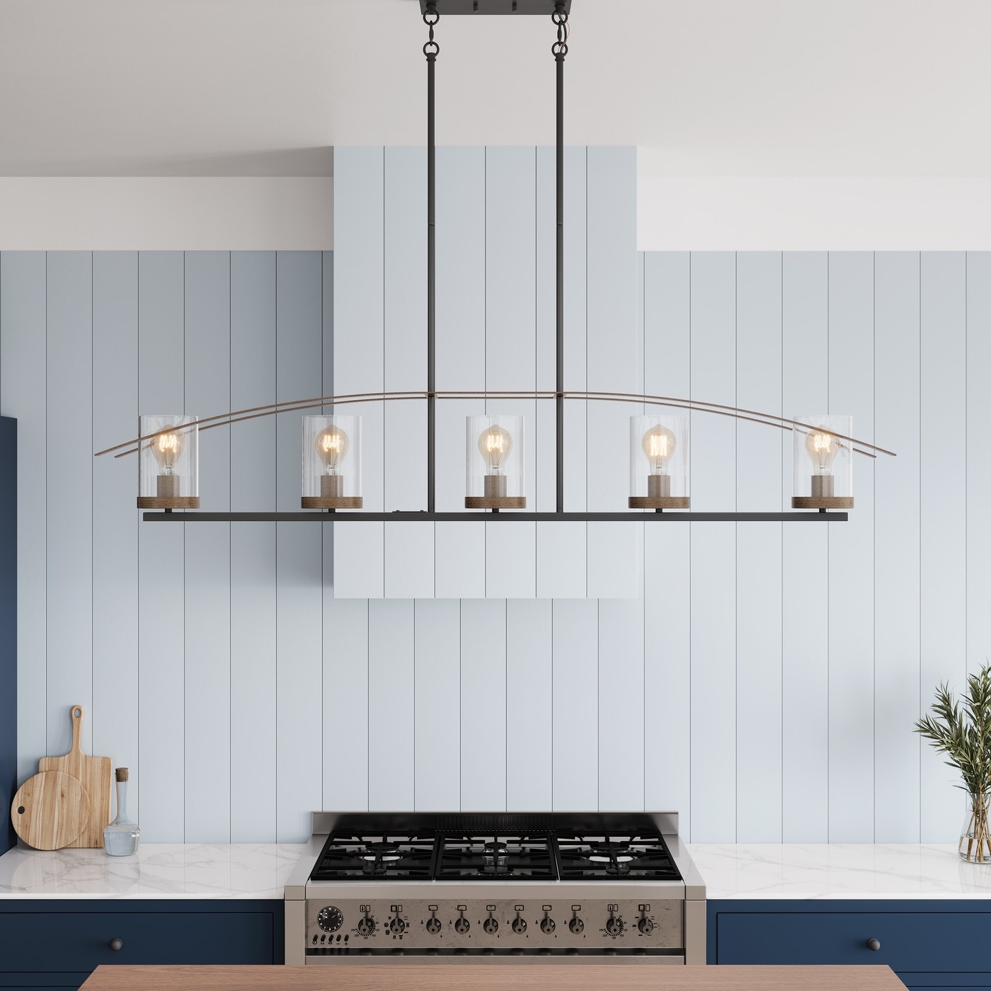 Farmhouse Black 5-Light Glass Kitchen Island Chandelier with Linear Design