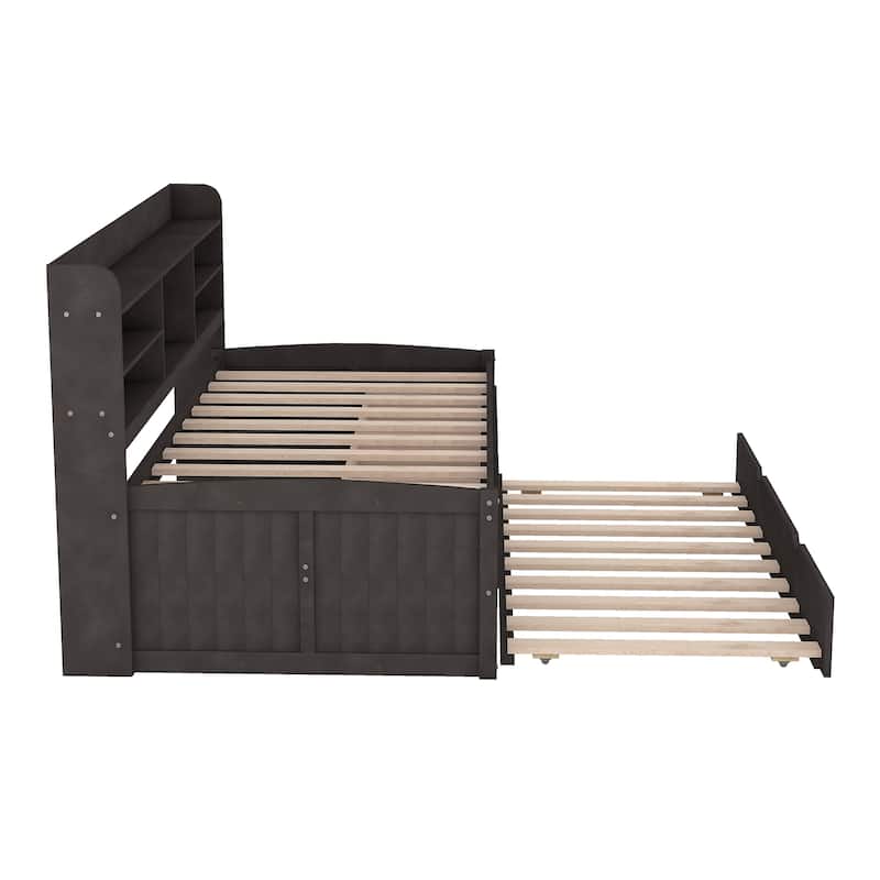 Twin Size Wooden Captain Bed with Bookshelves, 3 Drawers, Trundle