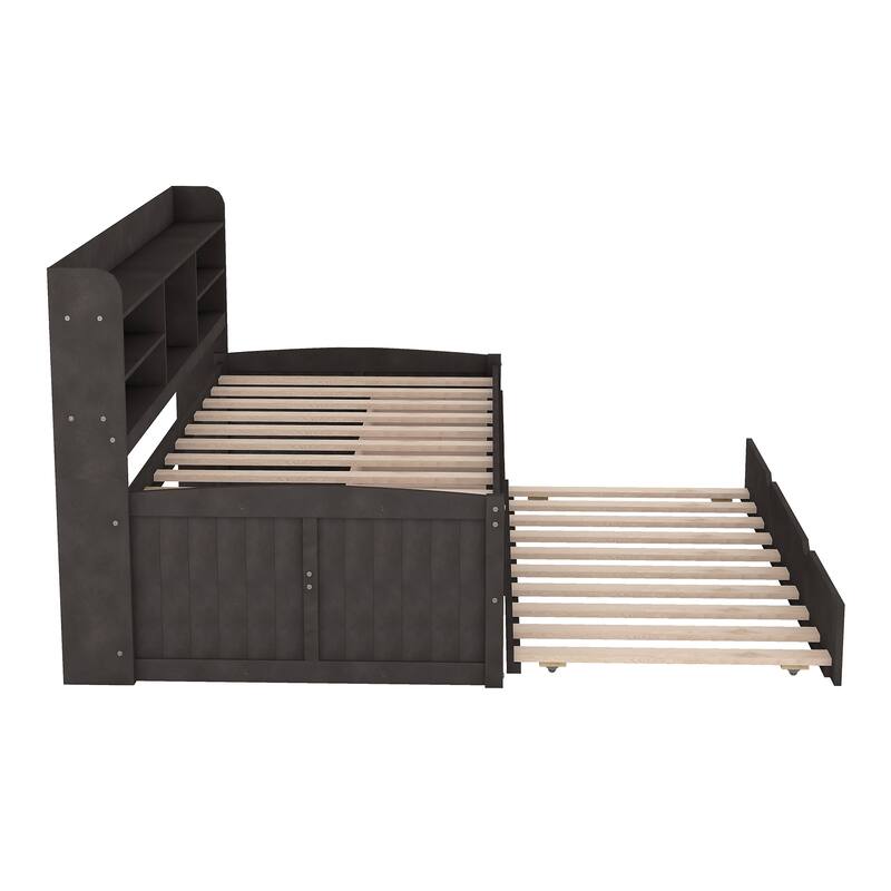 Wooden Captain Bed Platform Bed Frame with Rectangular Storage Headboard Built-in Bookshelves, 3 Storage Drawers and Trundle