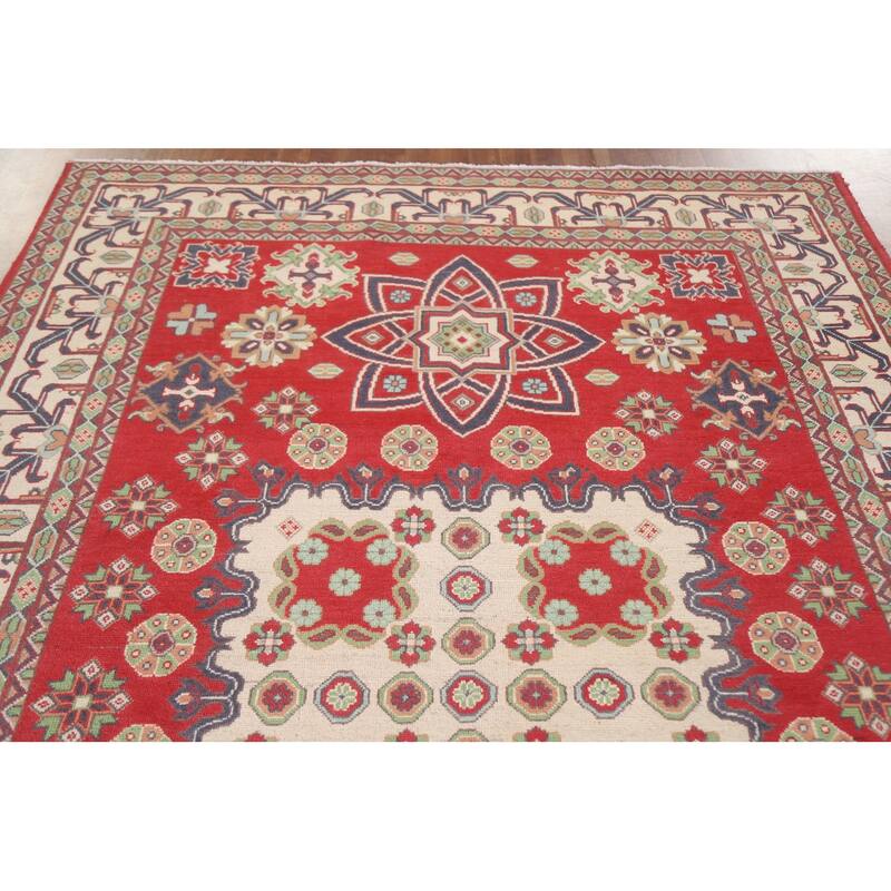 Hand Knotted Oriental 100% Wool Carpet Traditional Geometric Red Kazak Area Rug - 9' 8'' X 6' 6''