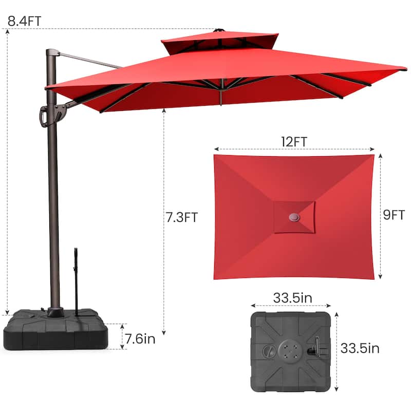 9 x 12 ft Double Top Patio Cantilever Umbrella 360-degree Rotation with Base
