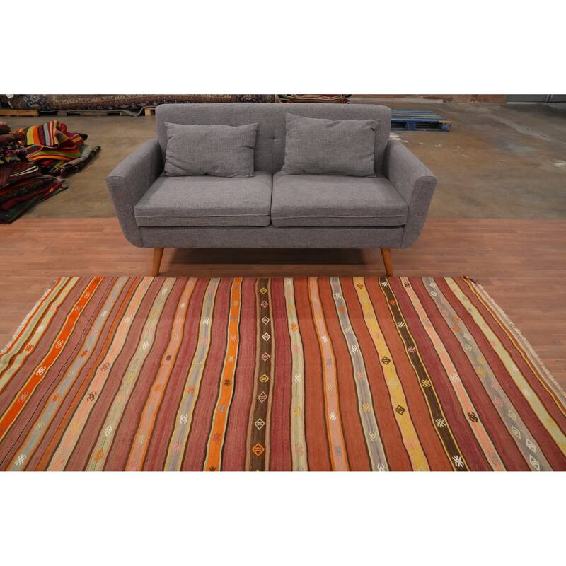 Hand Woven Oriental 100% Wool Carpet Southwestern Tribal Oranges & Rust Kilim Area Rug - 7' 11'' X 4' 6''
