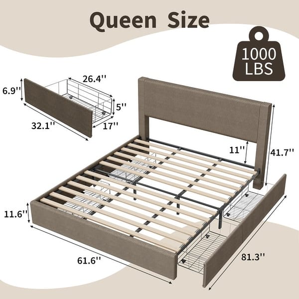 dimension image slide 7 of 8, Platform Bed with Channel Tufted Corduroy Headboard and 4 Storage Drawers