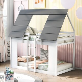 Twin Over Twin House Low Bunk Bed with Roof and Built-in Ladder - Bed ...