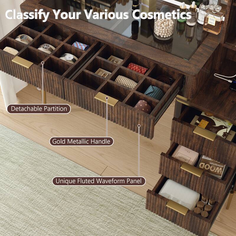 Modern Fluted Makeup Vanity Desk with Lighted Mirror, Dressing Table