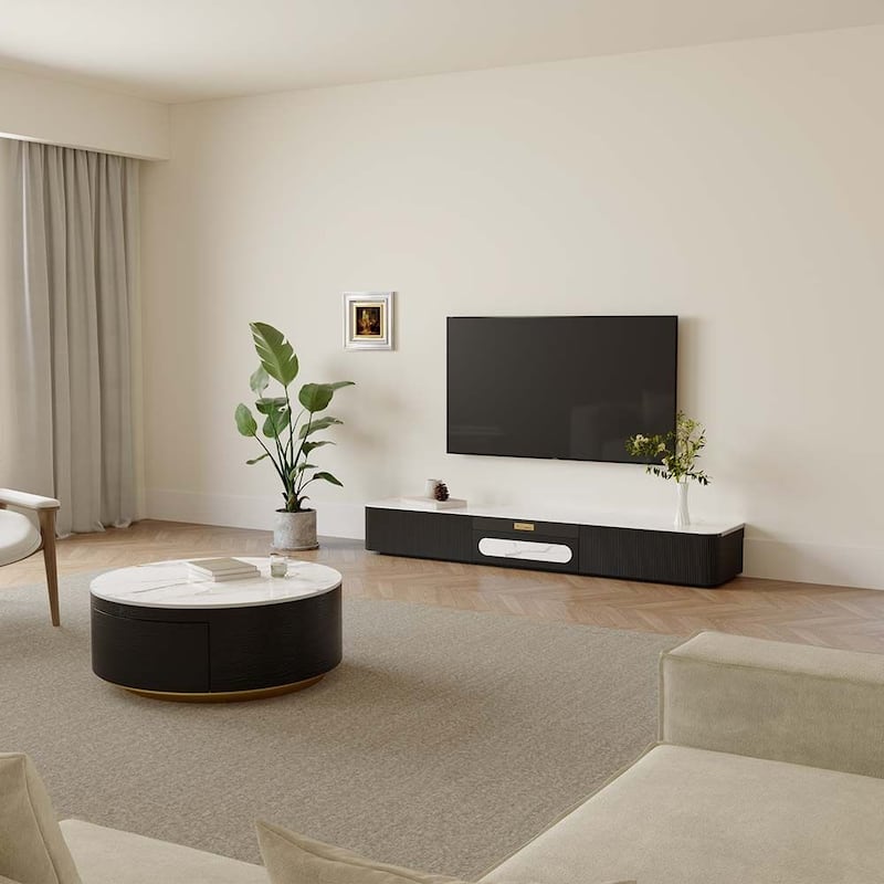 Modern TV Stand for Projector, Sintered Stone TV Cabinet with Drawers for Home Theater, Oak Veneer MDF, Black & White