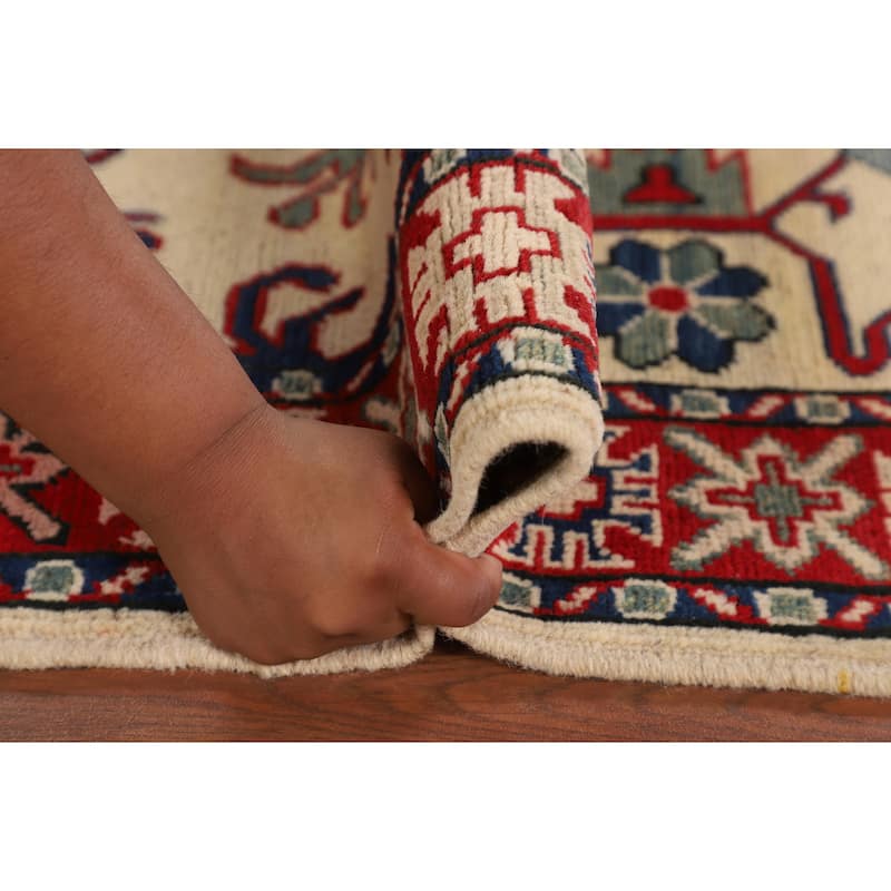 Geometric Kazak Accent Rug Hand-Knotted Foyer Wool Carpet - 3'5" x 4'10"