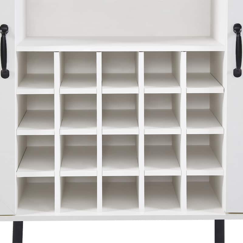 Faux Rattan Wine Bar Cabinet with Wine Rack & Wine Glass Holder, Buffet Storage Cabinet Kitchen Microwave Cabinet, White+Walnut