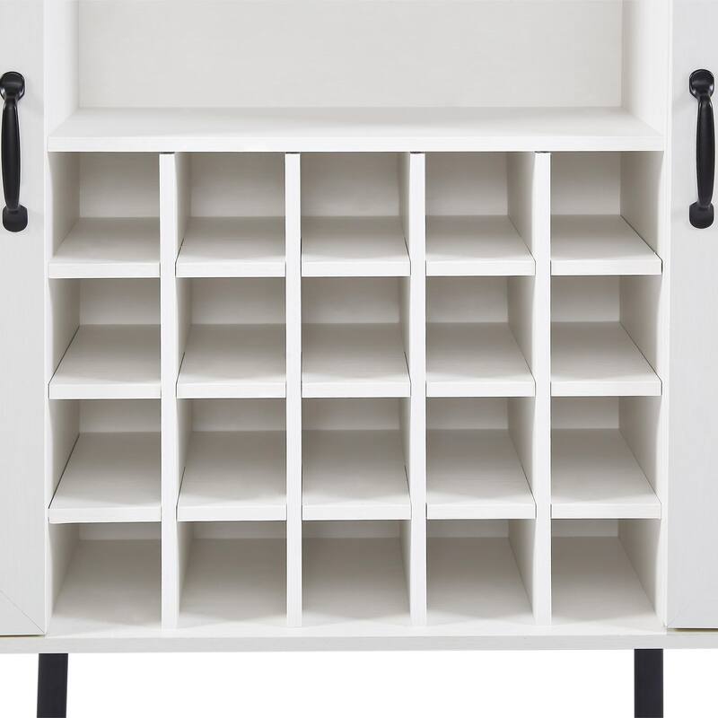 Rattan Barn Door Wine Cabinet with Wine Rack and Wine Glass Rack, Double Door Buffet Cabinet with Removable Shelves