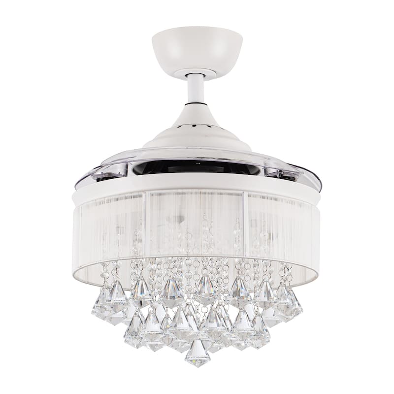 36" Modern White Crystal Retractable Ceiling Fan with Light Kit and Remote - 36" W x 36" D x 22" H
