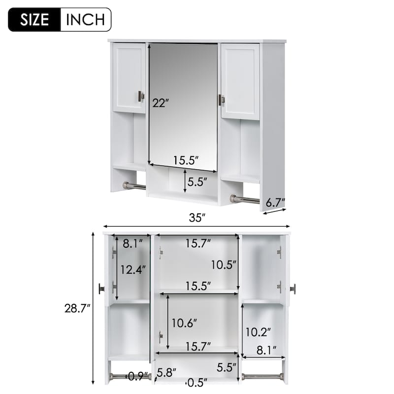 Over the Toilet Medicine Cabinet Wall Cabinet for Bathroom with Mirrored Cabinet, Side Cabinets, Open Shelves and Towel Racks
