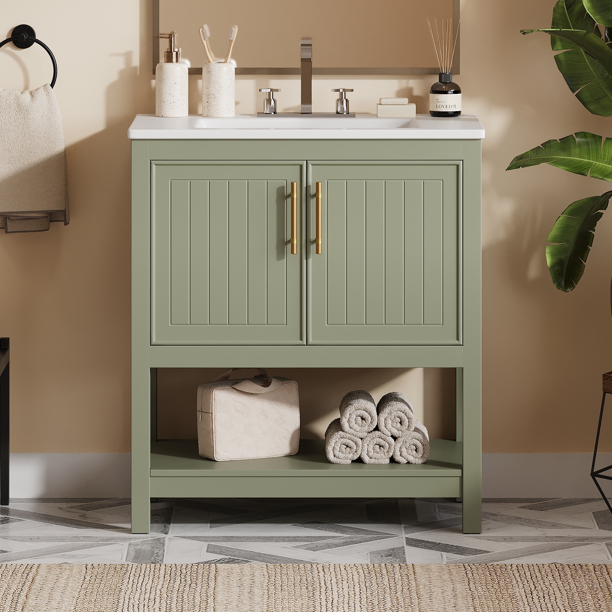 Elegant Single Bathroom Vanity with Ceramic Sink, Multifunctional Small Bathroom Cabinet with Open Shelves, 2 Storage Doors