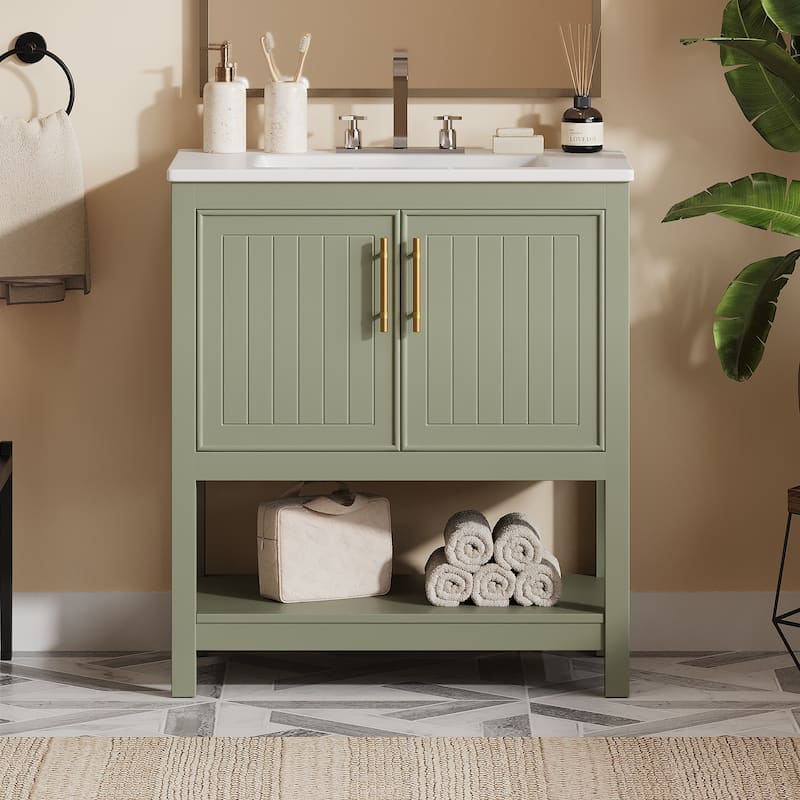 Vertical Stripe Storage Cabinet Versatile Bathroom Vanity with Ceramic Sink, Open Shelf, Door Storage Boxes and Golden Handles - Green