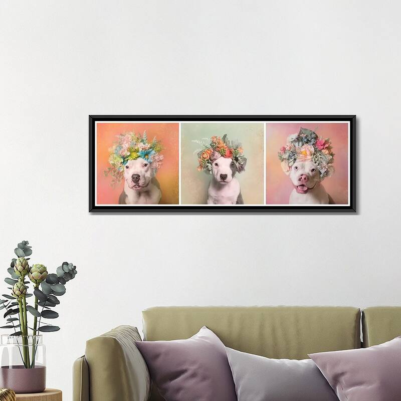 iCanvas "Pit Bull Flower Power, Lucy, Treasure And Rain" by Sophie Gamand Framed Canvas Print