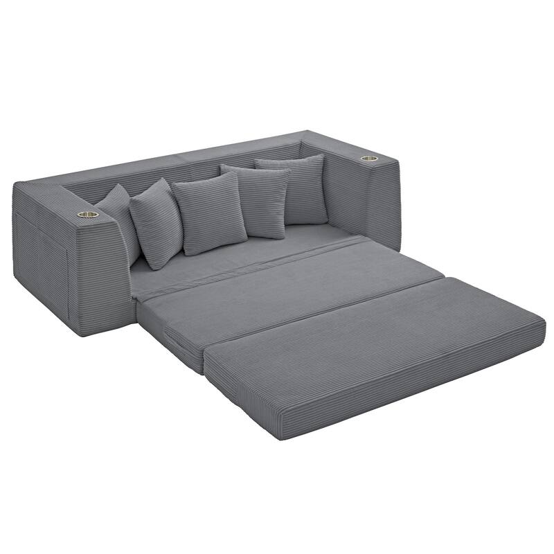 Modern Convertible Loveseat Sofa Bed, Corduroy Fabric Foldable Floor Couch w/5 Pillows, Side Pockets & Cup Holders, No Assembly
