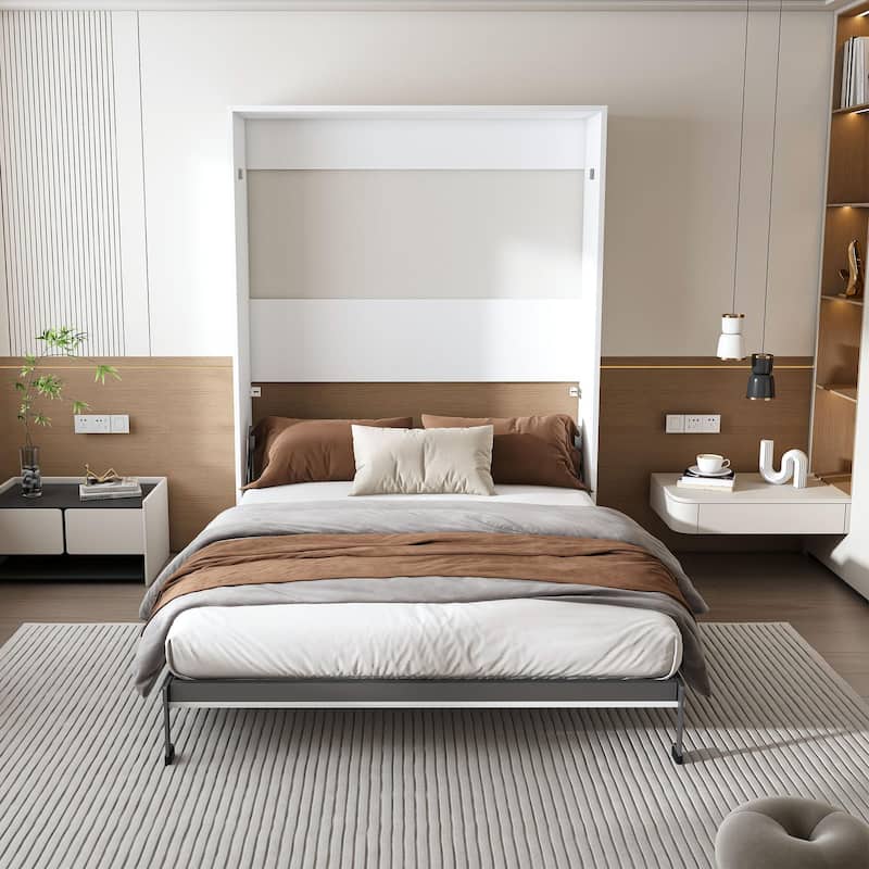 Queen Murphy Bed with 65 Inch Foldable Wall Design, Metal Frame and Solid Wood Slats for Bedrooms and Guest Rooms