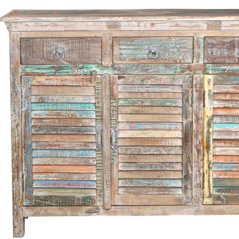 HomeRoots 72" Natural And Rainbow Reclaimed Wood Shutter Style Sideboard with Four Doors - 72.00 in. x 42.00 in. x 18.00 in.