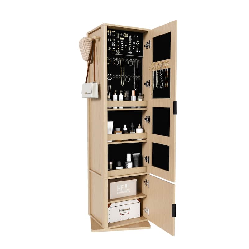 360° Rotating Makeup & Jewelry Cabinet with Full-Length Mirror - Standing Organizer with Coat Rack & 6-Tier Shelves