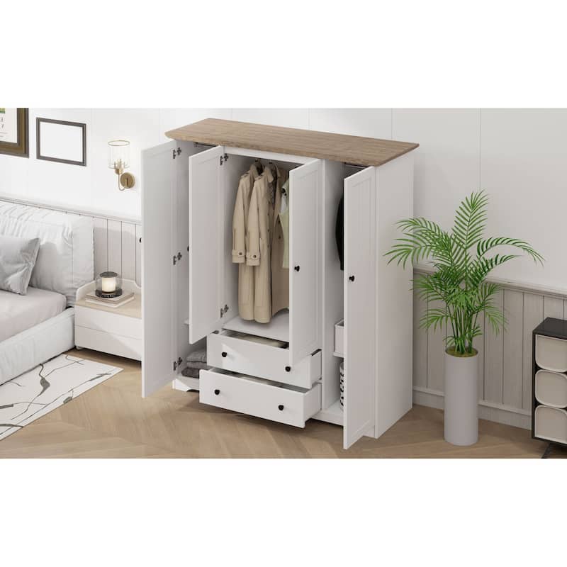 Roomfitters 4-Door Wardrobe Armoire with 2 Drawers and Hanging Rail