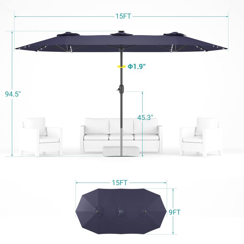 BONOSUKI 15x9ft LED Double-Sided Patio Umbrella Aluminum Large Canopy