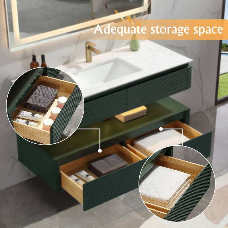 48 Inch Solid Wood Wall-Mounted Bathroom Vanity Set in Green/ White with Engineered Stone Top and Ceramic Sink