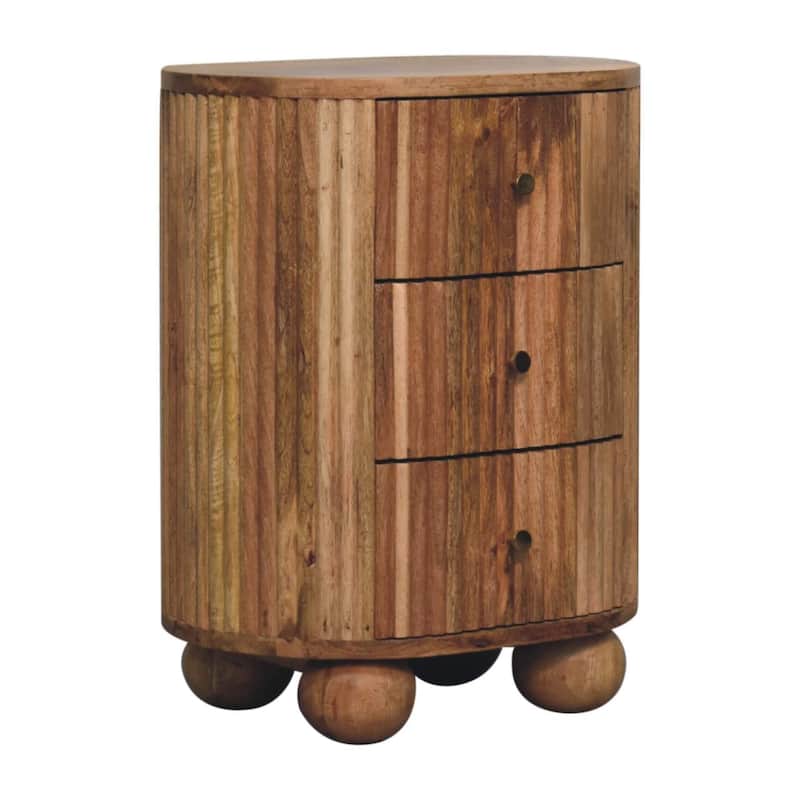 HomeRoots 23" Natural Solid Wood Ribbed Texture Round Three Drawer Nightstand