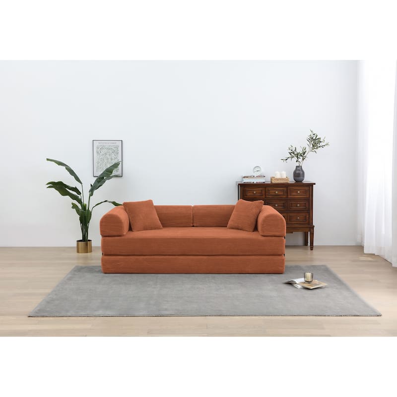 Convertible Sleeper Sofa Bed Corduroy Folding with Cylindrical Pillow Living Room