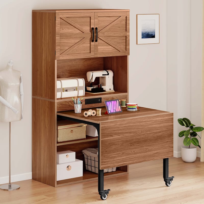 Moasis Expandable Crafting Table with Storage, Artwork Sewing Table with Cabinet and Magnetic Doors & Power Outlets