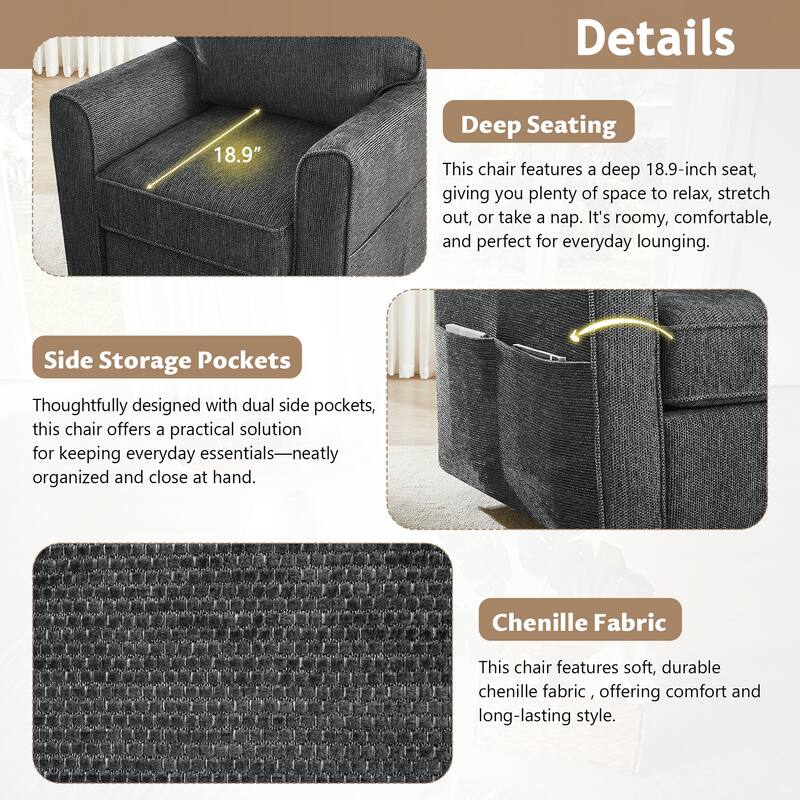 360 Degree Swivel Chair for Living Room, Swivel Accent Chair with Armrest, Chenille Sofa Chair with Side Pockets