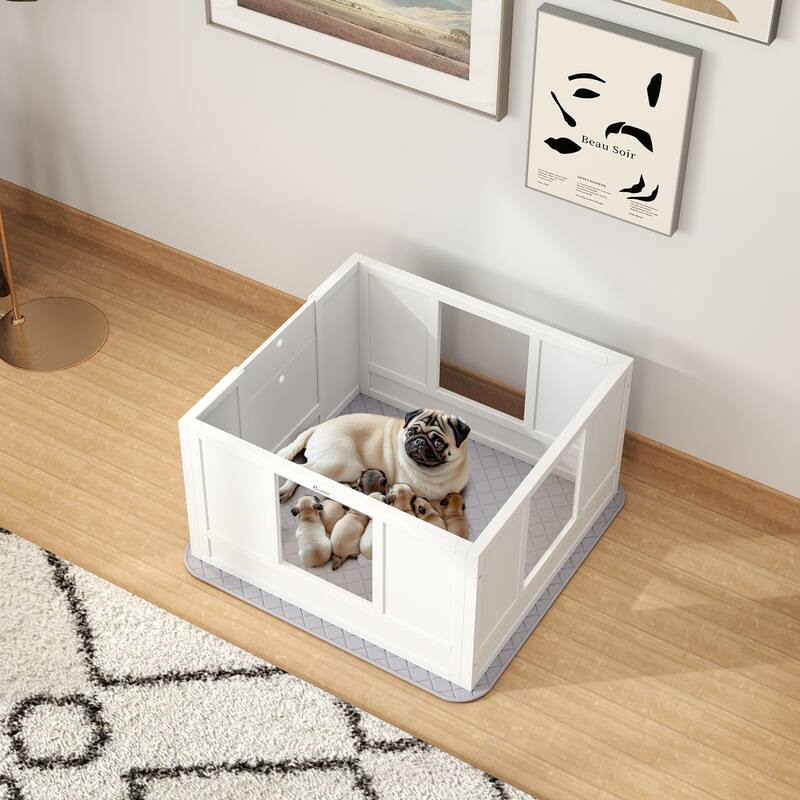 PawHut Whelping Box for Dogs with Waterproof Whelping Pad, Dog Whelping Pen with Clear Panels, Adjustable Entrance, Double Room