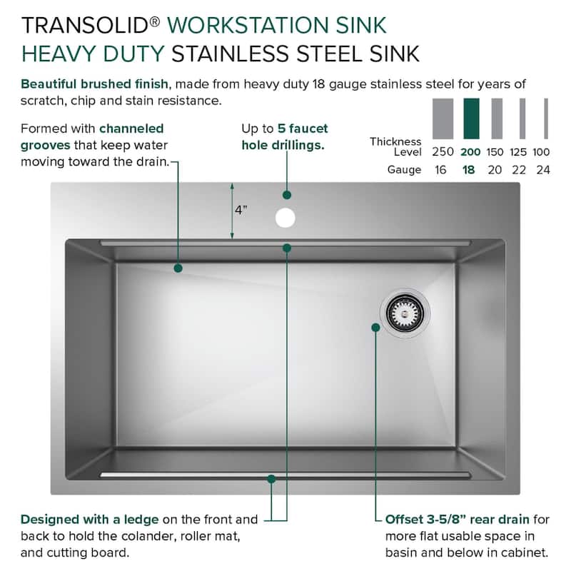 Transolid KWSST322210-1 KWS 32" Drop In Single Basin Stainless Steel