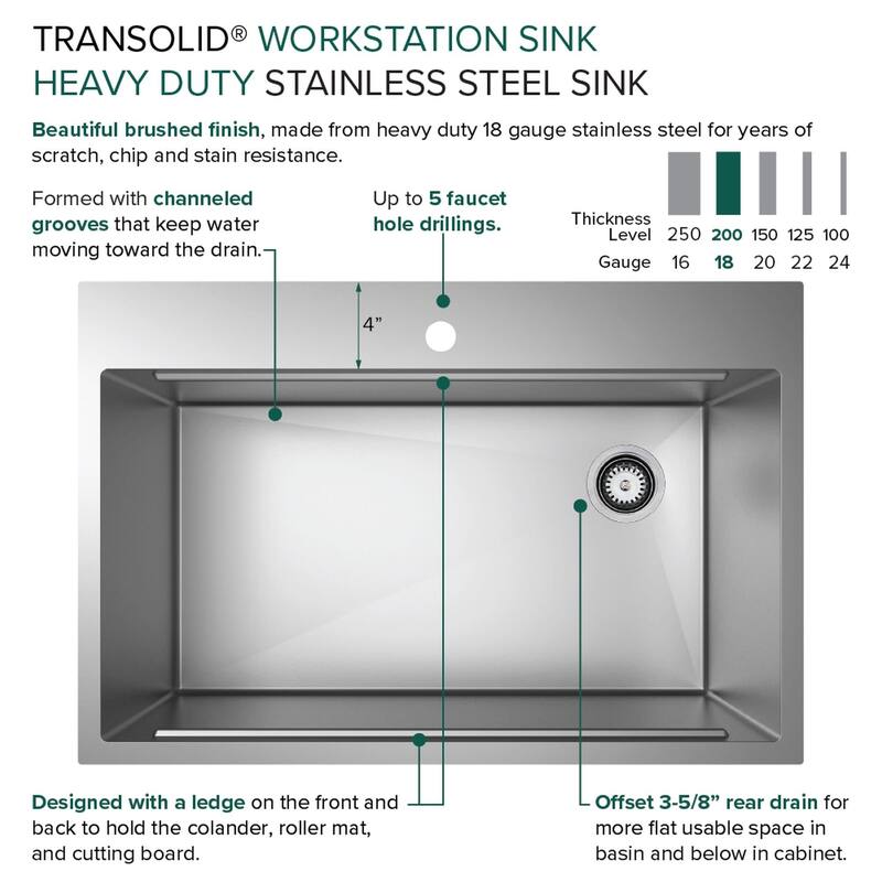 Transolid KWSST322210-5 32" Drop In Single Basin Stainless Steel