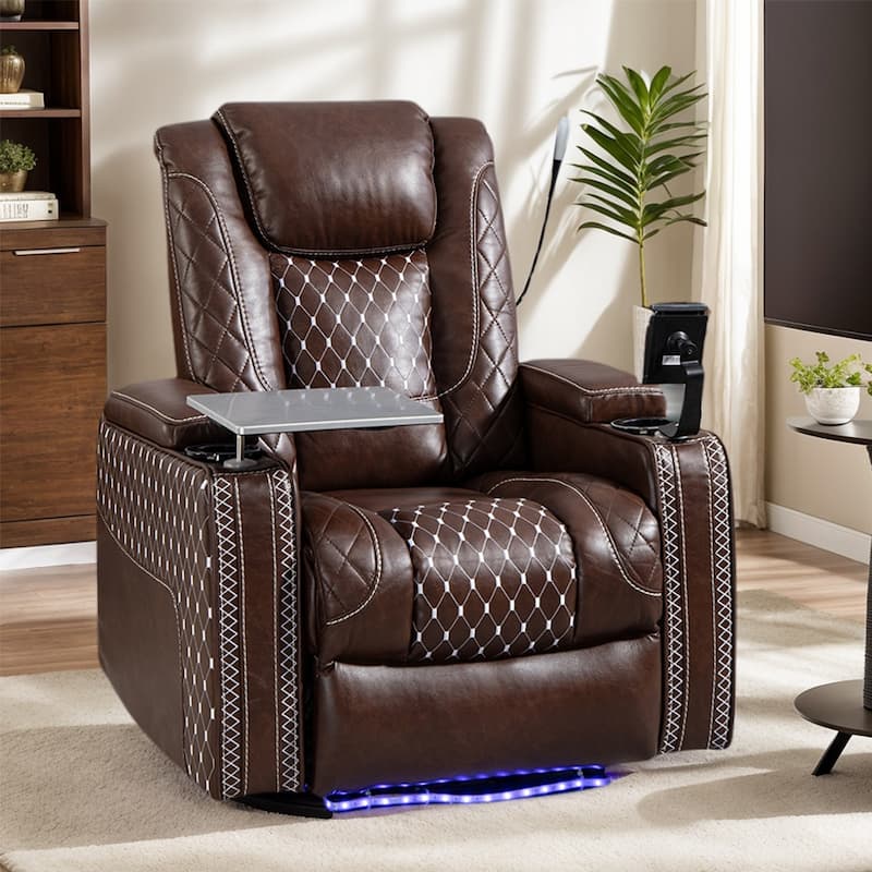 Zero Gravity Power Recliner, PU Recliner with Cup Holder/ Laptop Table /Phone Holder/ Light/ LED - Brown