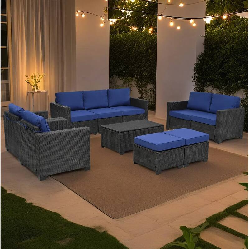 10-Piece Outdoor PE Rattan Cnversation Sectional Sofa Set with Storage Coffee Table and Waterproof Cushions - Dark Blue