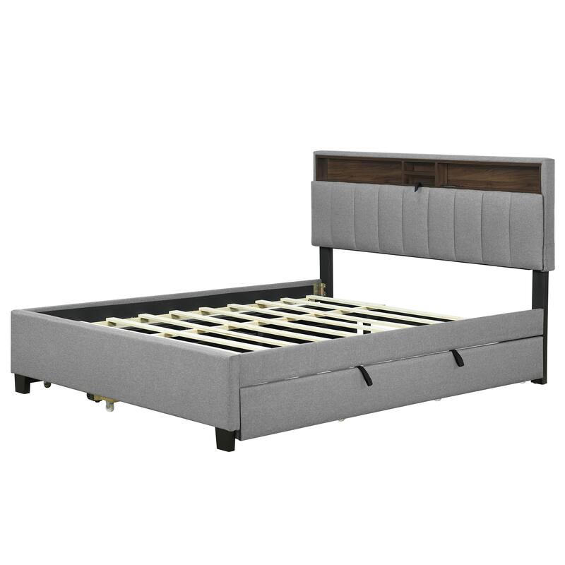 Queen Size Upholstered Platform Bed with Storage, USB Ports, Twin XL Trundle, and Drawers, Gray Linen Fabric