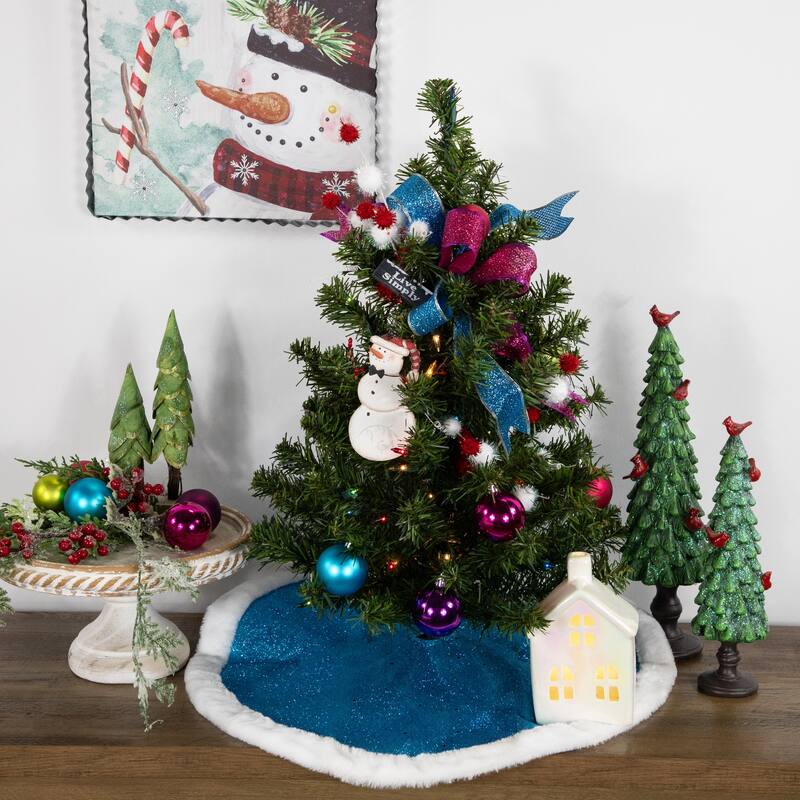 20" Blue Glittered Mini Christmas Tree Skirt with Fur Trim - 20