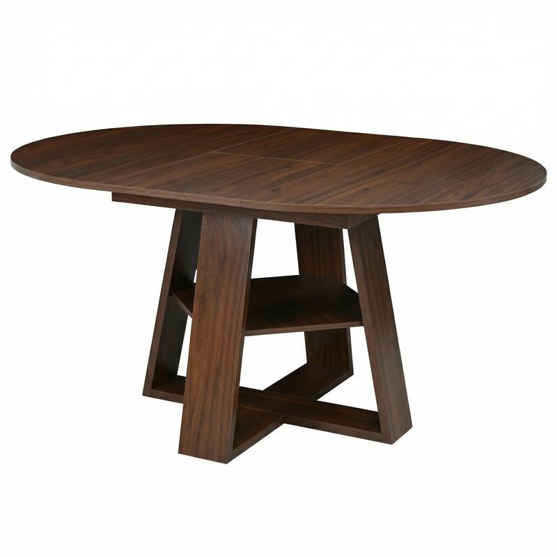43.3in-59in Extendable Round Dining Table for 4-8, Oval Dining Table with Removable Leaves Space Saving with Storage Shelf