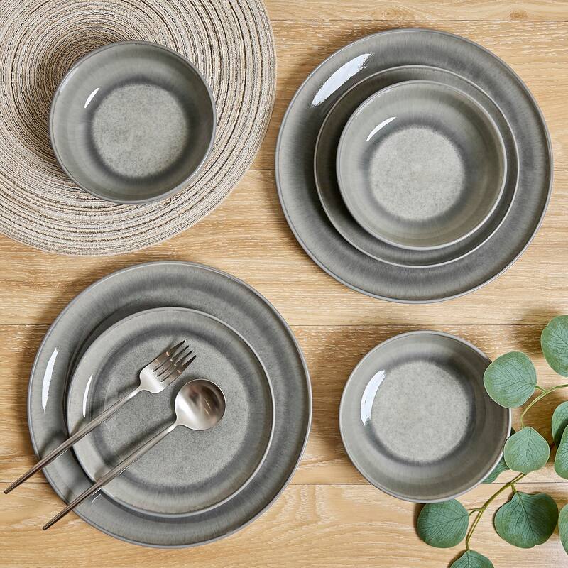 Sango Asher 12-Piece Gray Stoneware Dinnerware Set - Service for 4, Plate & Bowl Set