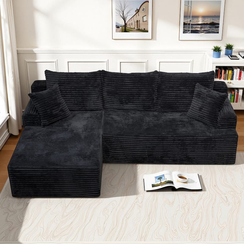 L-Shaped Corner Sectional Sofa Set with Side Chaise Lounge, Soft Foam Cushion Modular Sofa Corduroy Leisure Couch - Black - Left Facing