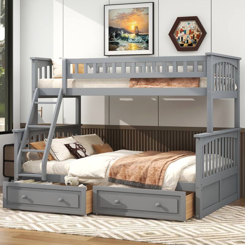 Wooden Storage Bunk Bed Frame with Fence-shaped Guardrails and Pull-out Drawers, Convertible 2 Platform Beds, Detachable Design