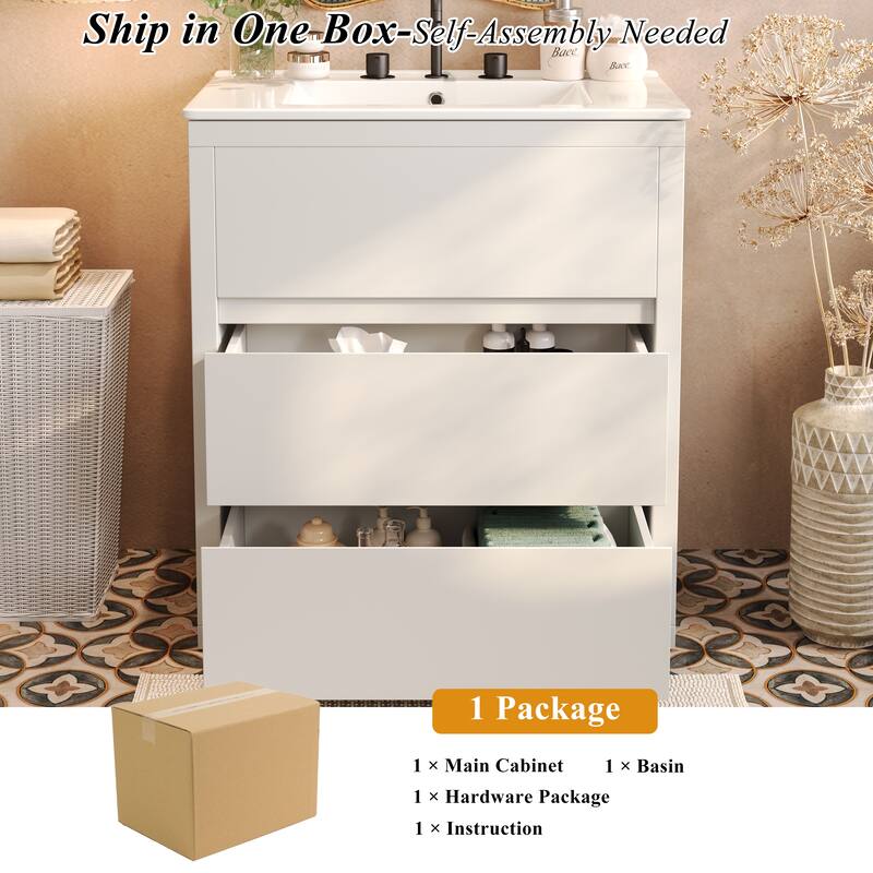 30"/60" Bathroom Vanity Set, Freestanding Bathroom Vanity Cabinet with Ceramic Sink Basin & Drawers