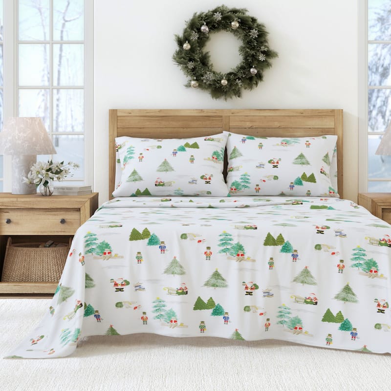 Linery & Co. Christmas Turkish Cotton Double-Brushed Flannel Bed Sheet Set - King - Watercolor Santa Scene